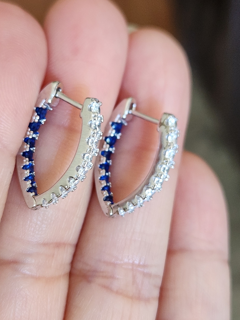 New 925 Silver Blue Sapphire Rectangle Shaped Hoop Earrings for Women